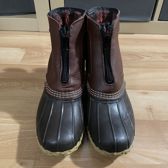 LL Bean Womens Duck Boots Sz 9 Brown Leather 7" Front Zip Fleece Lined Insulated - Picture 3 of 9